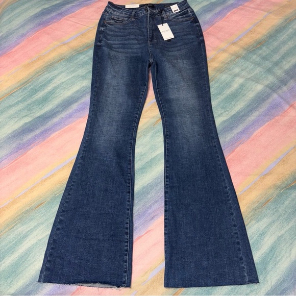 NWT Judy Blue Flare Jeans Womens 11/31 High Waist Tummy Control Top Raw Hem Blue - Picture 1 of 8
